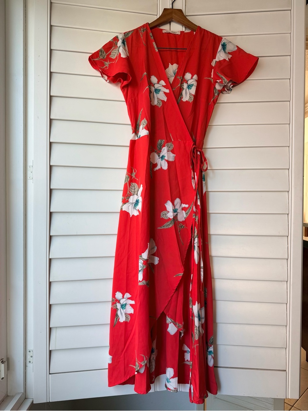 One Story Size S/M Red Floral Wrap Dress - Women's Summer Wrap Dress